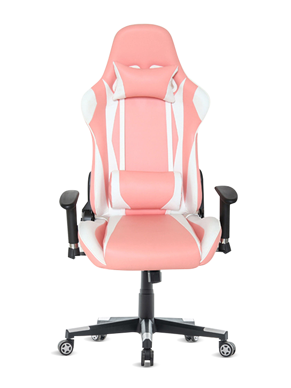 Cadeira de escritório para jogos giratória rosa branca com estrutura metálica ergonômica 2D 